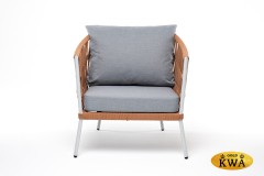 "Диего" кресло плетеное из роупа, каркас алюминий светло-серый (RAL7035) муар, роуп оранжевый меланж круглый, ткань светло-серая