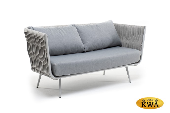 "Каталония" диван модульный плетеный из роупа, основание дуб, роуп темно-серый круглый, ткань темно-серая 027