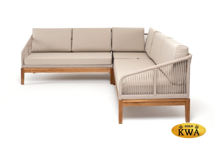 "Канны" диван модульный плетеный из роупа, основание дуб, роуп бежевый круглый, ткань бежевая 052