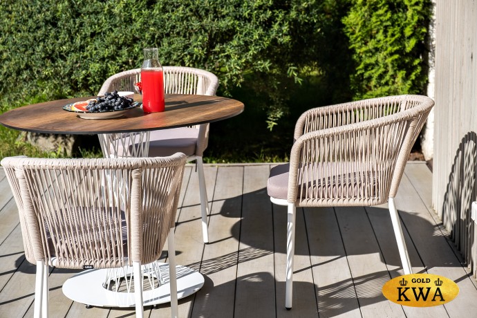 "Марсель" стул плетеный из роупа, каркас алюминий белый муар, роуп бежевый круглый, ткань бежевая 035