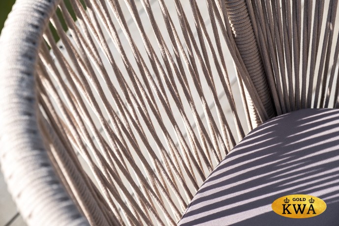 "Марсель" стул плетеный из роупа, каркас алюминий белый муар, роуп бежевый круглый, ткань бежевая 035