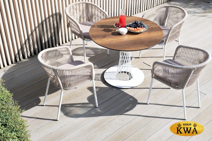 "Марсель" стул плетеный из роупа, каркас алюминий белый муар, роуп бежевый круглый, ткань бежевая 035