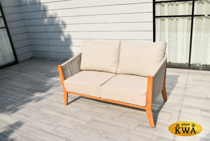 "Сидней" диван 2-местный плетеный из роупа, основание тик, каркас алюминий бежевый, роуп бежевый, ткань бежевая