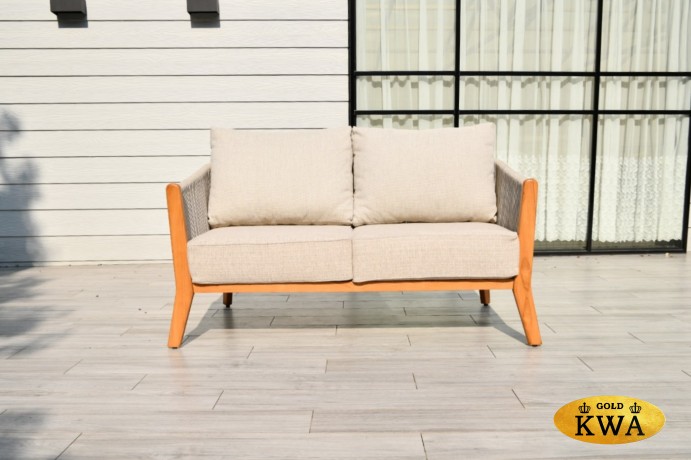 "Сидней" диван 2-местный плетеный из роупа, основание тик, каркас алюминий бежевый, роуп бежевый, ткань бежевая