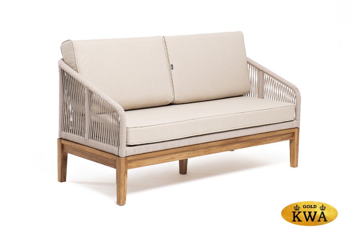 "Канны" диван 2-местный плетеный из роупа, основание дуб, роуп бежевый круглый, ткань бежевая 052