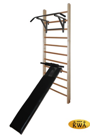 Шведская стенка деревянная из сосны - СОСНА - Т - ДВ (стенка + турник навесной + доска угловая с валиками для пресса)