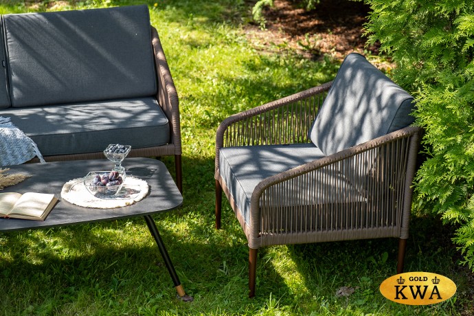 "Канны" лаунж-зона 4-местная из роупа со столом "Верона" (серый гранит), каркас алюминиевый коричневый, роуп коричневый