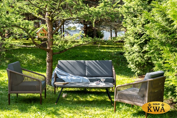 "Канны" лаунж-зона 4-местная из роупа со столом "Верона" (серый гранит), каркас алюминиевый коричневый, роуп коричневый