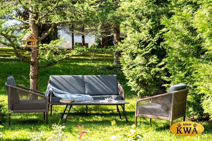 "Канны" лаунж-зона 4-местная из роупа со столом "Верона" (серый гранит), каркас алюминиевый коричневый, роуп коричневый