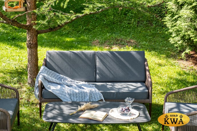 "Канны" лаунж-зона 4-местная из роупа со столом "Верона" (серый гранит), каркас алюминиевый коричневый, роуп коричневый