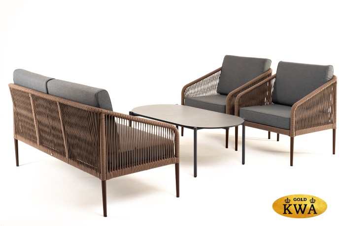 "Канны" лаунж-зона 4-местная из роупа со столом "Верона" (серый гранит), каркас алюминиевый коричневый, роуп коричневый