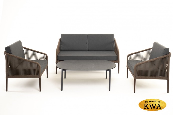 "Канны" лаунж-зона 4-местная из роупа со столом "Верона" (серый гранит), каркас алюминиевый коричневый, роуп коричневый