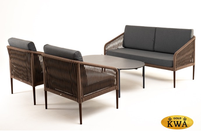 "Канны" лаунж-зона 4-местная из роупа со столом "Верона" (серый гранит), каркас алюминиевый коричневый, роуп коричневый