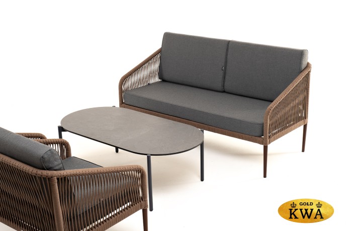 "Канны" лаунж-зона 4-местная из роупа со столом "Верона" (серый гранит), каркас алюминиевый коричневый, роуп коричневый