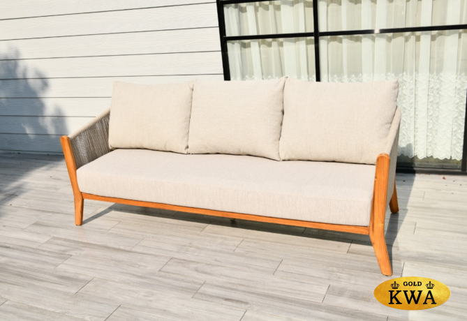 "Сидней" диван 3-местный плетеный из роупа, основание тик, каркас алюминий бежевый, роуп бежевый, ткань бежевая