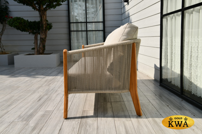 "Сидней" диван 3-местный плетеный из роупа, основание тик, каркас алюминий бежевый, роуп бежевый, ткань бежевая