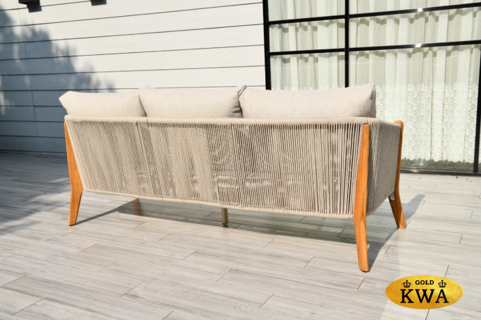 "Сидней" диван 3-местный плетеный из роупа, основание тик, каркас алюминий бежевый, роуп бежевый, ткань бежевая