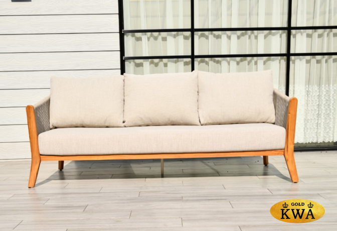 "Сидней" диван 3-местный плетеный из роупа, основание тик, каркас алюминий бежевый, роуп бежевый, ткань бежевая