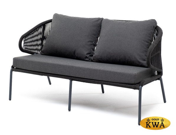 "Милан" диван 2-местный плетеный из роупа, каркас алюминий темно-серый (RAL7024) муар, роуп темно-серый круглый, ткань темно-серая 027