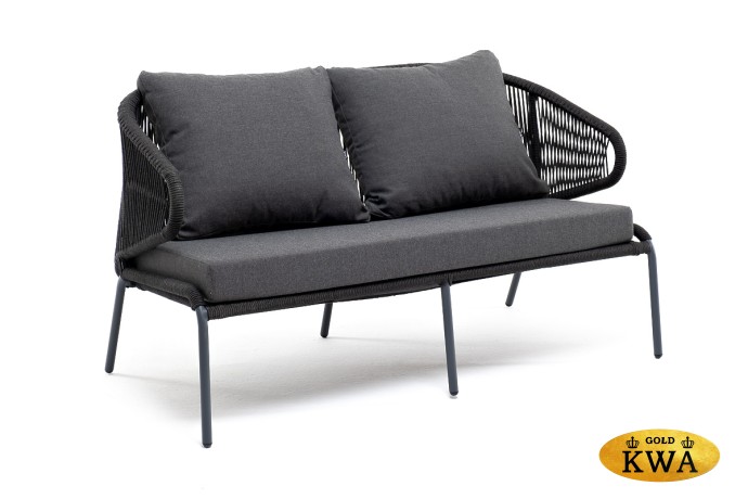 "Милан" диван 2-местный плетеный из роупа, каркас алюминий темно-серый (RAL7024) муар, роуп темно-серый круглый, ткань темно-серая 027