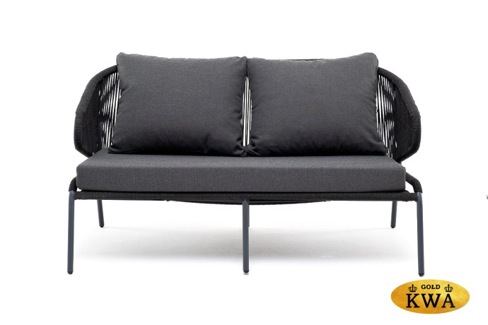 "Милан" диван 2-местный плетеный из роупа, каркас алюминий темно-серый (RAL7024) муар, роуп темно-серый круглый, ткань темно-серая 027