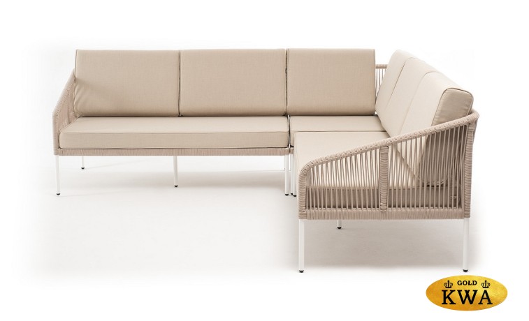 "Канны" диван модульный плетеный из роупа, каркас алюминий белый, роуп бежевый круглый, ткань бежевая 035