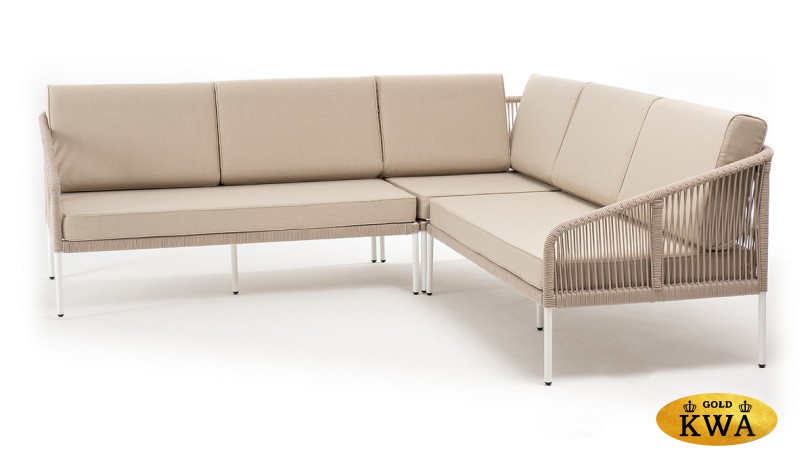 "Канны" диван модульный плетеный из роупа, каркас алюминий белый, роуп бежевый круглый, ткань бежевая 035