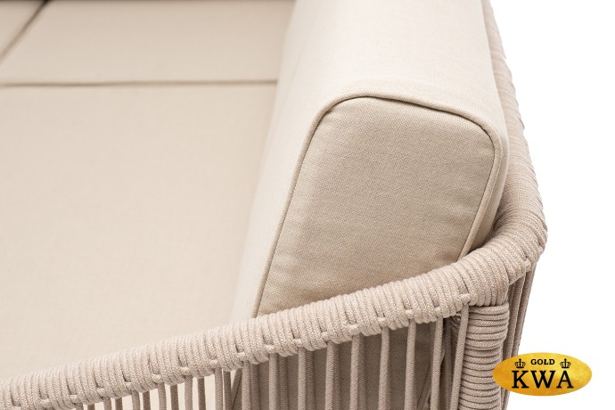 "Канны" диван модульный плетеный из роупа, каркас алюминий белый, роуп бежевый круглый, ткань бежевая 035