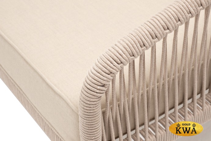 "Канны" диван модульный плетеный из роупа, каркас алюминий белый, роуп бежевый круглый, ткань бежевая 035