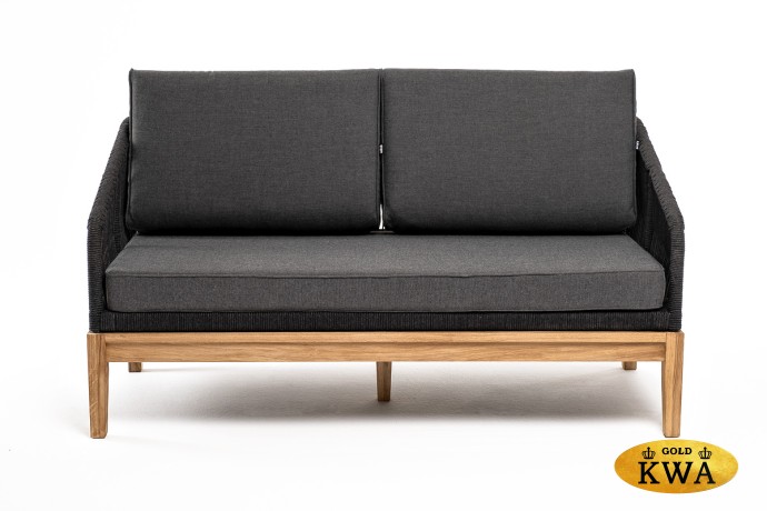 "Канны" диван 2-местный плетеный из роупа, основание дуб, роуп темно-серый круглый, ткань темно-серая 027