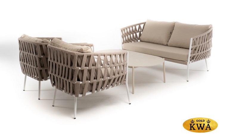 "Диего" лаунж-зона 4-местная плетеная из роупа (веревки), каркас алюминиевый белый, роуп бежевый