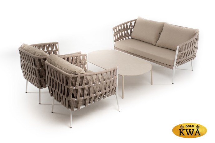 "Диего" лаунж-зона 4-местная плетеная из роупа (веревки), каркас алюминиевый белый, роуп бежевый