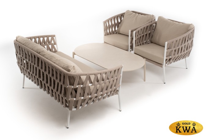 "Диего" лаунж-зона 4-местная плетеная из роупа (веревки), каркас алюминиевый белый, роуп бежевый