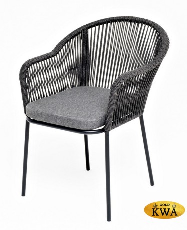 "Лион" стул плетеный из роупа, каркас из стали темно-серый (RAL7024) шагрень, роуп темно-серый круглый, ткань серая