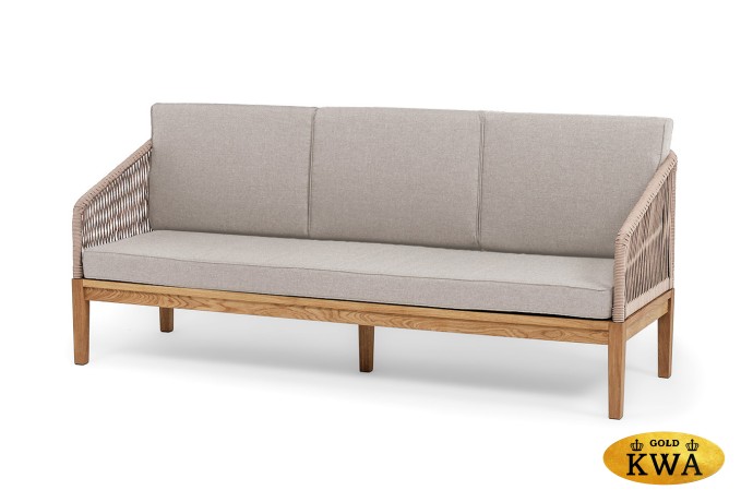 "Канны" диван 3-местный плетеный из роупа, основание дуб, роуп бежевый круглый, ткань бежевая 15052