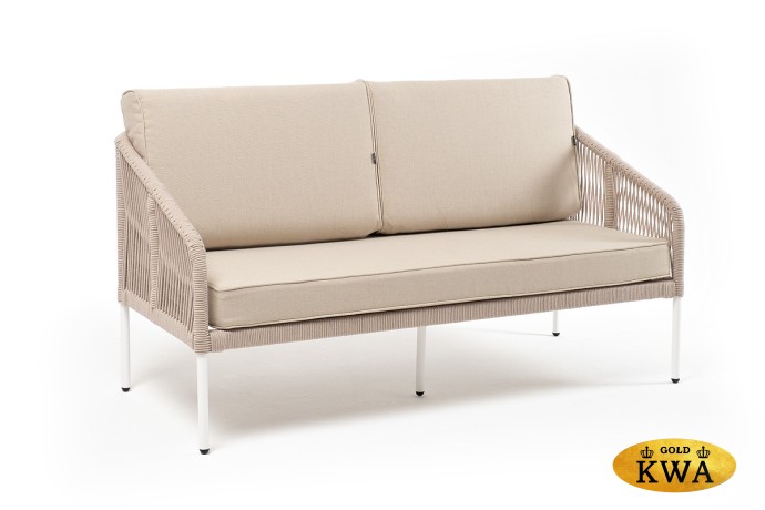 "Канны" диван 2-местный плетеный из роупа, каркас алюминий белый муар, роуп бежевый круглый, ткань бежевая 035