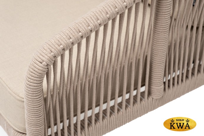 "Канны" диван 2-местный плетеный из роупа, каркас алюминий белый муар, роуп бежевый круглый, ткань бежевая 035