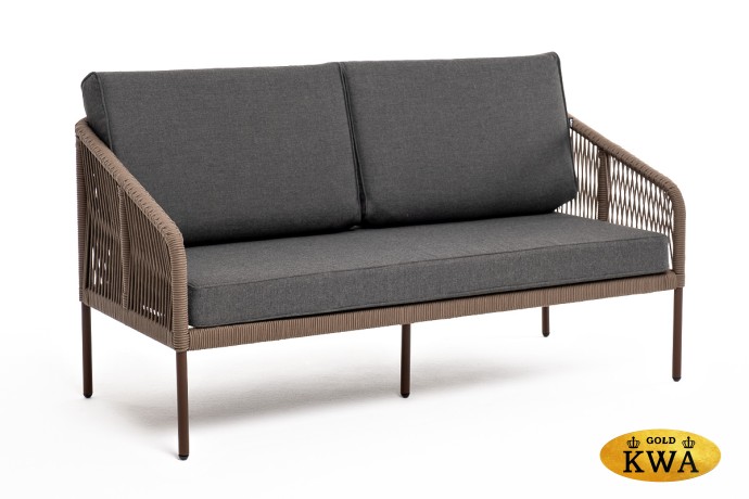 "Канны" диван 2-местный плетеный из роупа, каркас алюминий коричневый (RAL8016) муар, роуп коричневый круглый, ткань темно-серая 019