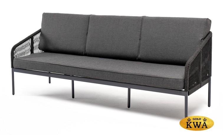 "Канны" диван 3-местный плетеный из роупа, каркас алюминий темно-серый (RAL7024) муар, роуп темно-серый круглый, ткань темно-серая 027