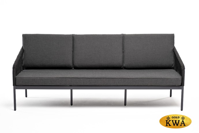 "Канны" диван 3-местный плетеный из роупа, каркас алюминий темно-серый (RAL7024) муар, роуп темно-серый круглый, ткань темно-серая 027