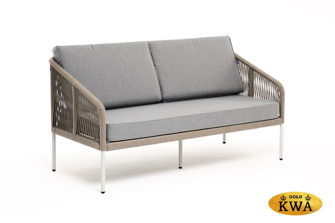 "Канны" диван 2-местный плетеный из роупа, каркас алюминий светло-серый (RAL7035) муар, роуп серый меланж круглый, ткань светло-серая