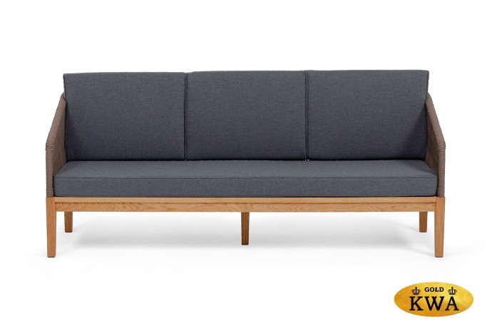 "Канны" диван 3-местный плетеный из роупа, основание дуб, роуп коричневый круглый, ткань темно-серая 027