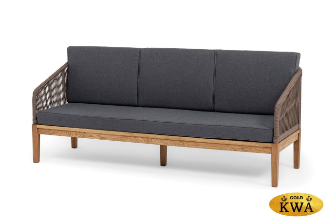 "Канны" диван 3-местный плетеный из роупа, основание дуб, роуп коричневый круглый, ткань темно-серая 027