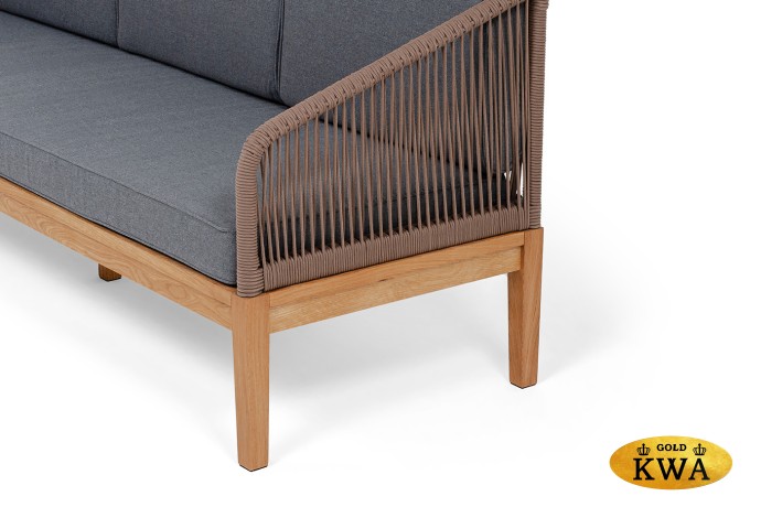 "Канны" диван 3-местный плетеный из роупа, основание дуб, роуп коричневый круглый, ткань темно-серая 027