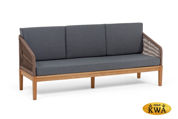 "Канны" диван 3-местный плетеный из роупа, основание дуб, роуп коричневый круглый, ткань темно-серая 027