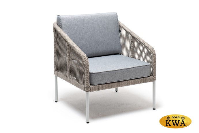 "Канны" кресло плетеное из роупа, каркас алюминий светло-серый (RAL7035) муар, роуп серый меланж круглый, ткань светло-серая