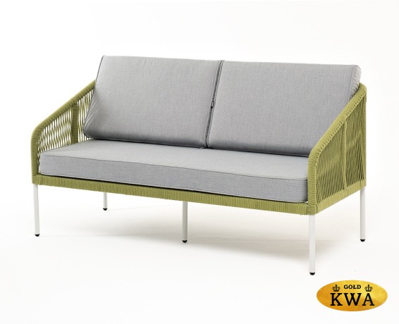 "Канны" диван 2-местный плетеный из роупа, каркас алюминий светло-серый (RAL7035) шагрень, роуп салатовый меланж круглый, ткань светло-серая