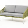 "Канны" диван 2-местный плетеный из роупа, каркас алюминий светло-серый (RAL7035) шагрень, роуп салатовый меланж круглый, ткань светло-серая