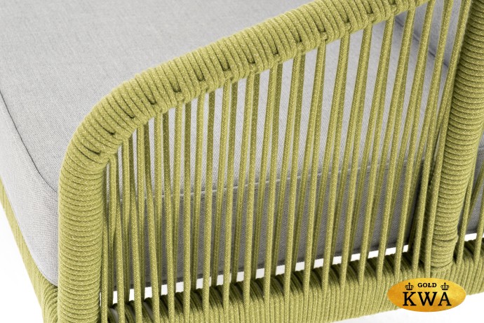 "Канны" диван 2-местный плетеный из роупа, каркас алюминий светло-серый (RAL7035) шагрень, роуп салатовый меланж круглый, ткань светло-серая