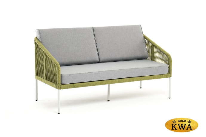 "Канны" диван 2-местный плетеный из роупа, каркас алюминий светло-серый (RAL7035) шагрень, роуп салатовый меланж круглый, ткань светло-серая